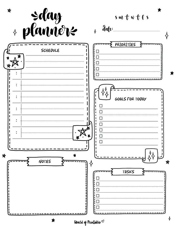 the printable daily planner is shown in black and white, with stars on it