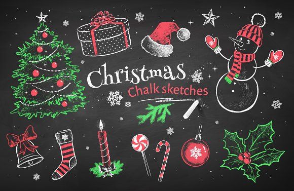 christmas chalk drawings on a blackboard