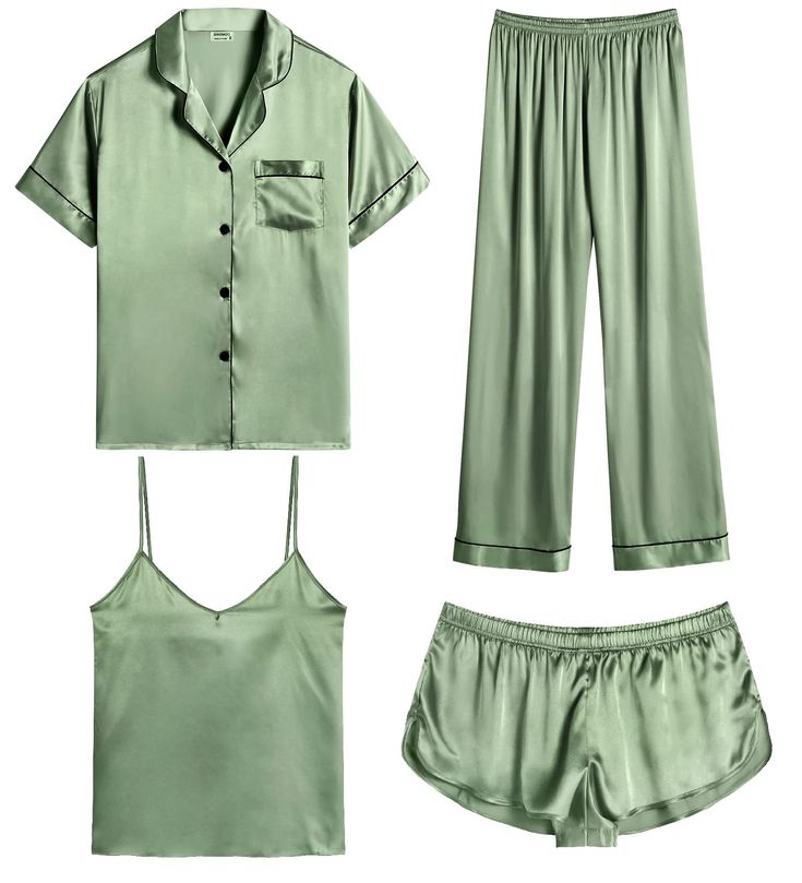 PRICES MAY VARY. 【Premium Material】--- This 4 piece pajama set is made of high-quality satin(95% Polyester, 8% Spandex), which is very soft, lightweight, and comfortable. This lightweight pajama set has a silky texture that will make you feel smooth and shiny, never pilling or fading, and help you sleep well, dreamlike. 【4Pcs Pajama Set】--- Women 7 pcs pjs sets include spaghetti strap cami top, a button-down short sleeve sleepshirt, a pair of shorts, a pair of long pants. This four-piece sets fo Bridal Sleepwear, Satin Pjs, Satin Sleepwear, Pajamas Sets, Button Down Short Sleeve, Cute Pajamas, Satin Pyjama Set, Satin Pajamas, Silk Pajamas