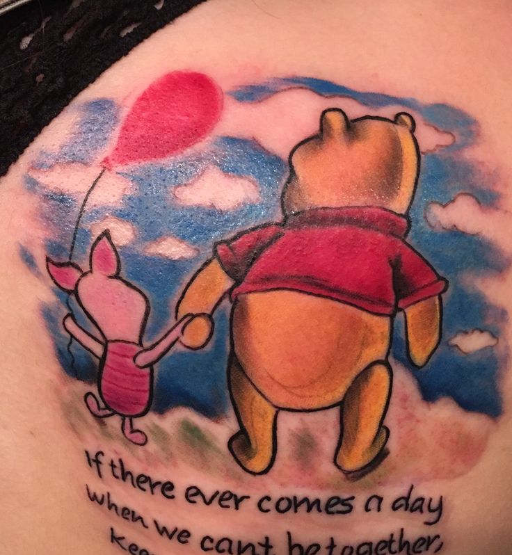 winnie the pooh and piglet tattoo with quote on back side ribcage