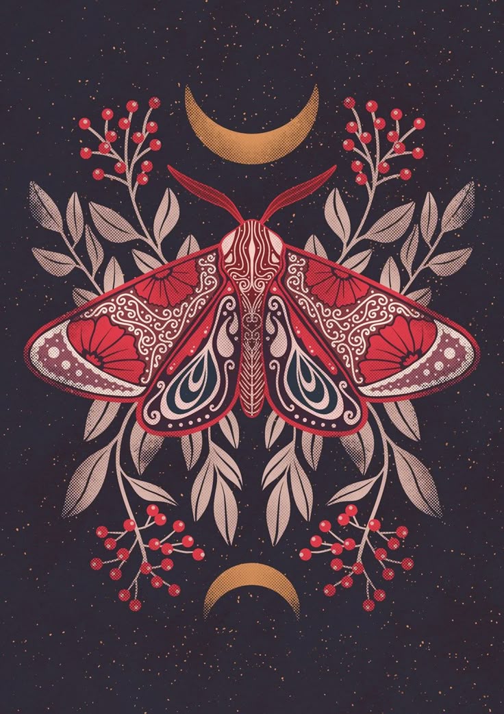 a red moth sitting on top of a leafy plant next to a crescent moon