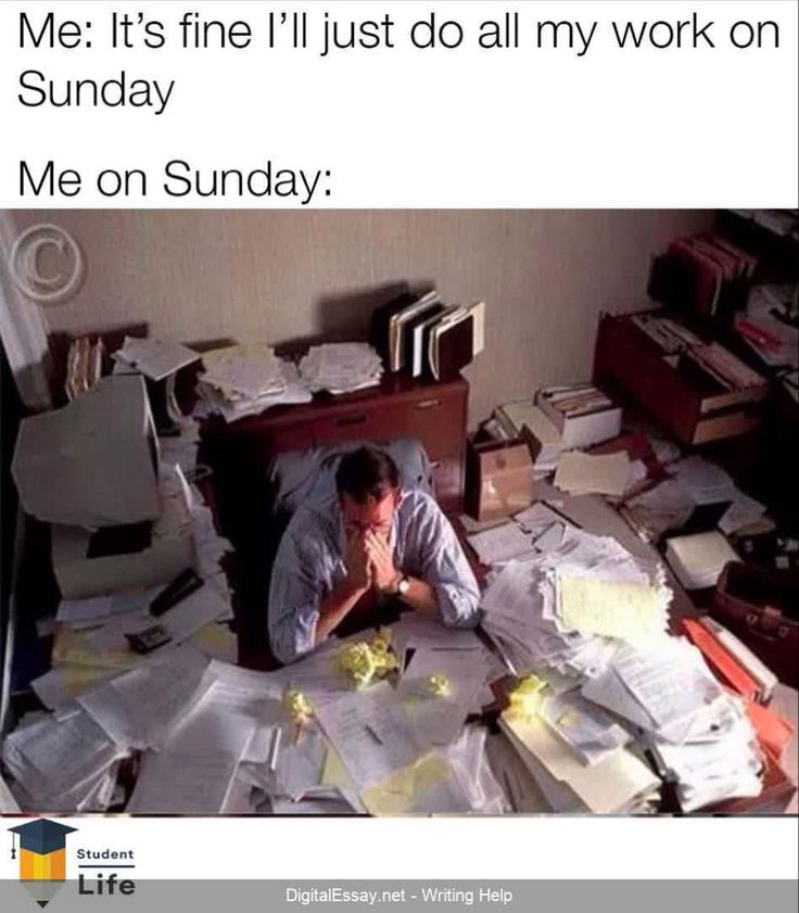 a man laying on top of a bed covered in lots of paper and paperwork with the caption me it's fine i'll just do all my work on sunday me on sunday