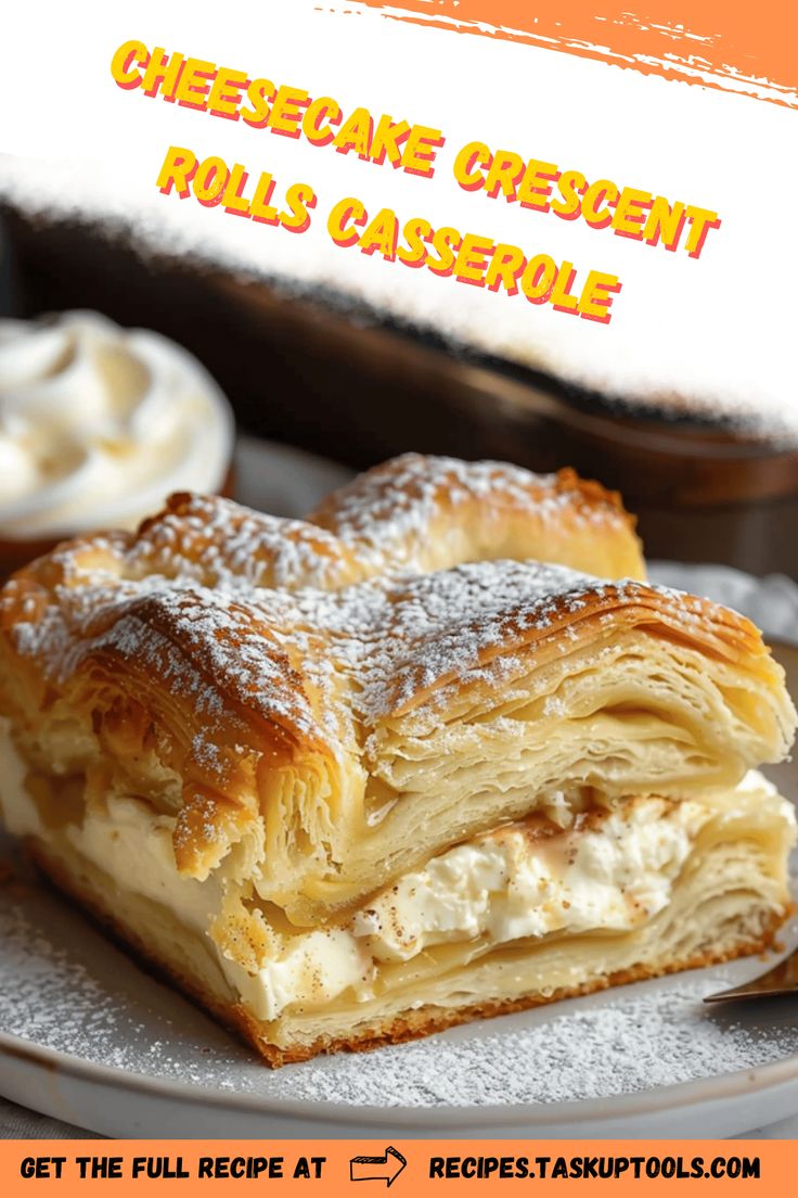 there is a pastry on the plate with powdered sugar and cream around it that says cheesecake crescent rolls casserole