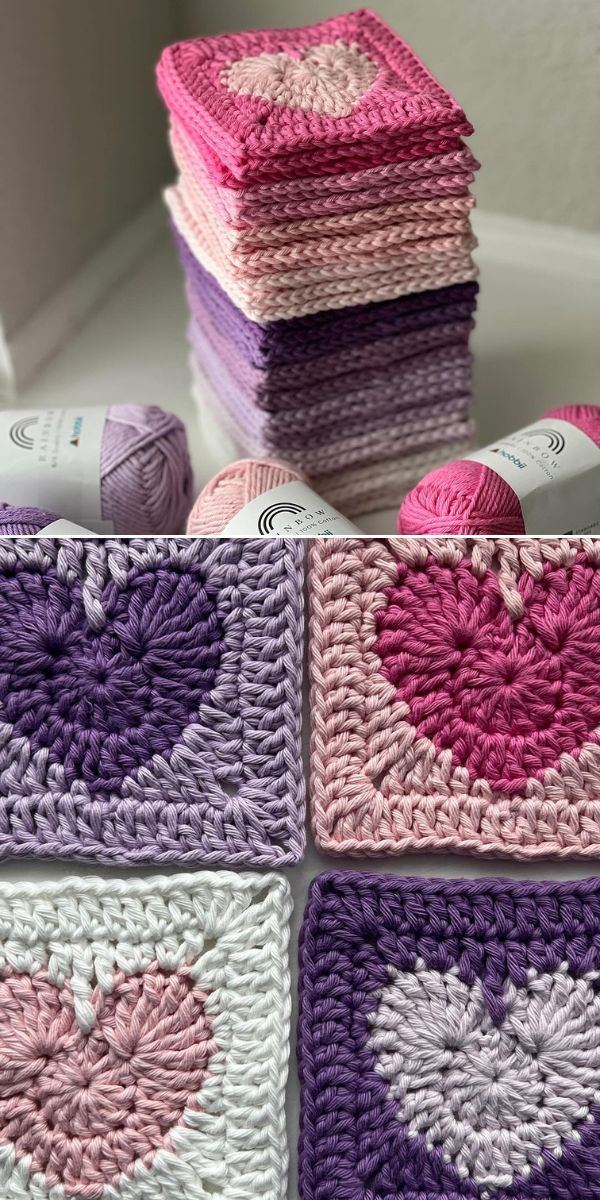 crocheted squares with hearts on them are arranged in pink, purple and white