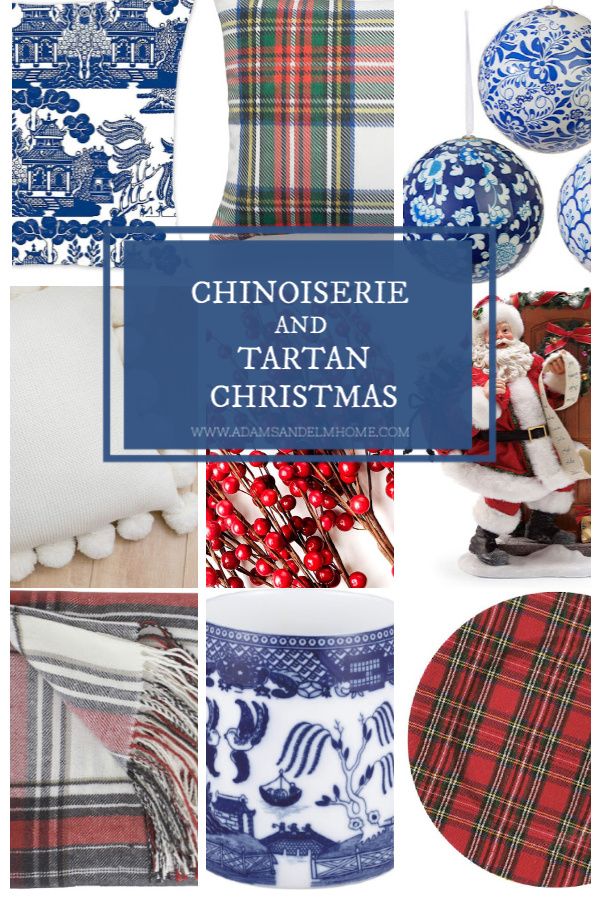 blue and white christmas decorations with the words, chinoiserie and tartan christmas