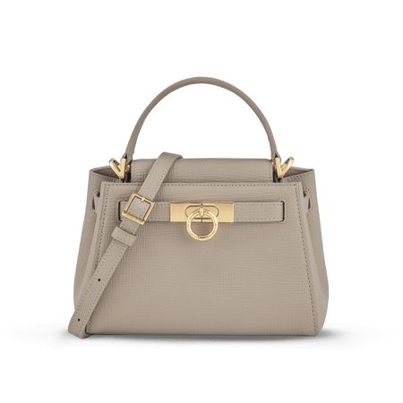 PARISA WANG® | Madison Micro Top Handle Bag Timeless Satchel With Turn-lock Closure And Double Handle, Timeless Beige Shoulder Bag With Silver-tone Hardware, Luxury Top Handle Shoulder Bag With Lock, Timeless Beige Bag With Silver-tone Hardware, Timeless Satchel Bag With Turn-lock Closure, High-end Bags With Turn-lock Closure For Everyday Use, High-end Satchel With Turn-lock Closure, Luxury Beige Bag With Lock, Luxury Beige Bags With Lock