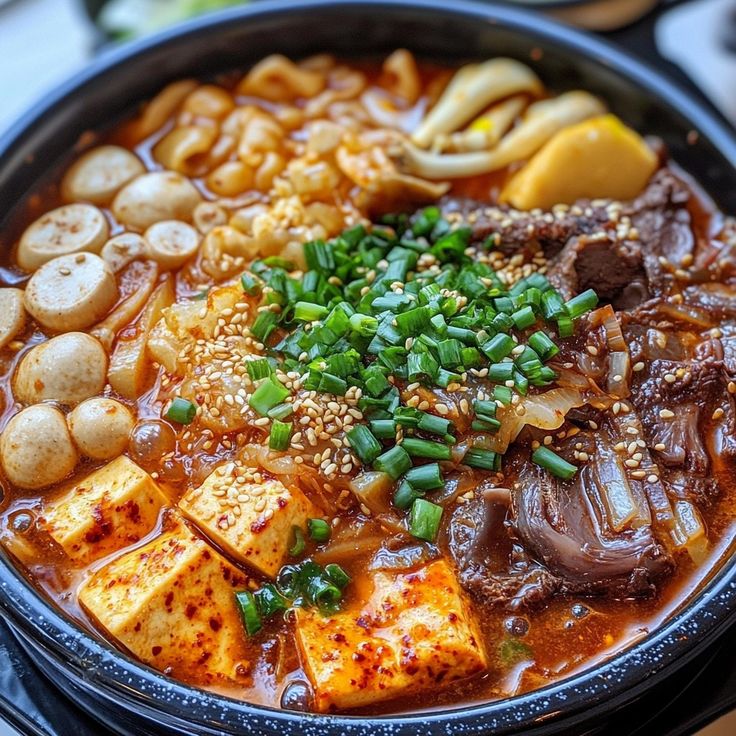 a bowl filled with meat and vegetables on top of a table