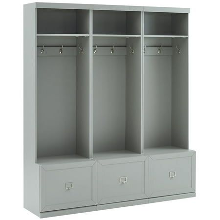 an empty gray locker with three drawers and two doors on each side, in front of a white background