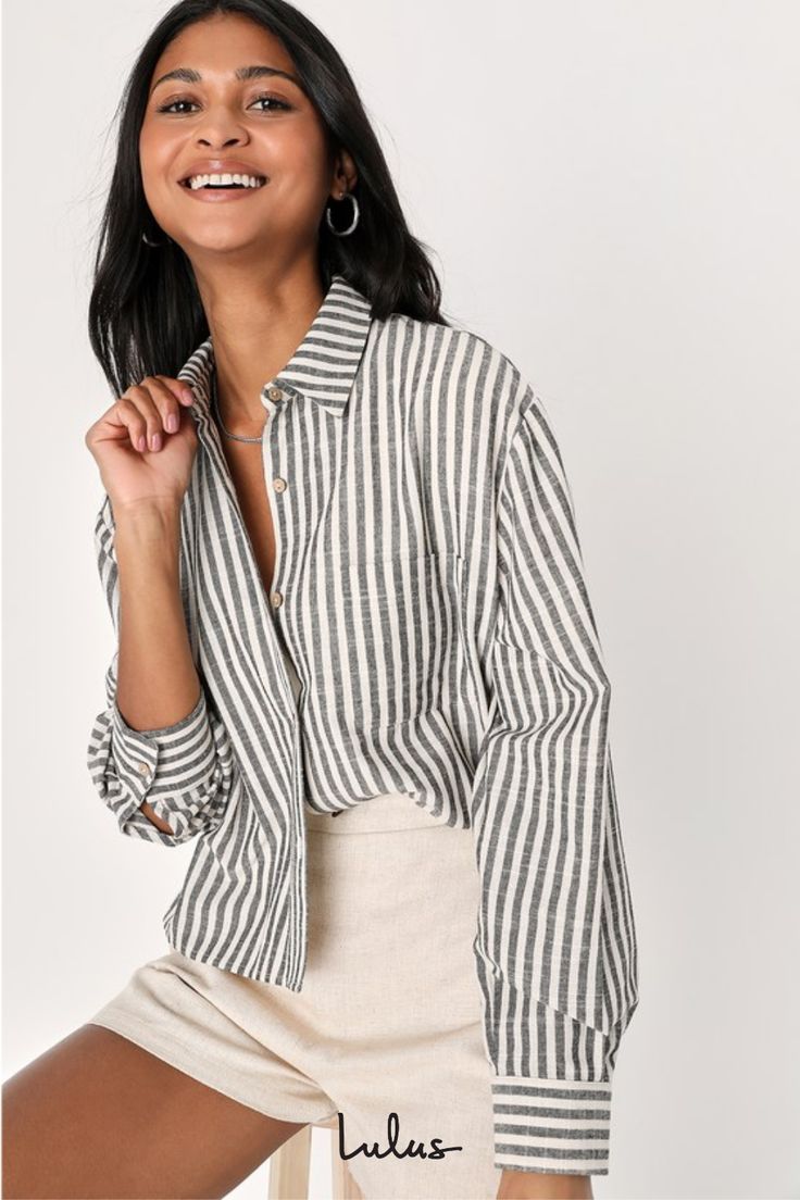 Cute and casual vibes come together to create the trendy look that is the Lulus Chic Marvel White and Grey Striped Button-Up Long Sleeve Top! Breezy, cotton-blend woven fabric, with a white and grey striped pattern throughout, shapes a classy collared neckline and long sleeves with drop shoulders and button cuffs. An oversized, cropped bodice features a front patch pocket and functional button placket at the center. Fit: This garment fits true to size. Length: Size medium measures 21" from top t Striped Blouse Outfit, Gray Shirt Outfit, Striped Top Outfit, Stripy Tops, Outfits With Striped Shirts, Grey Striped Shirt, Blouses Designs, Summer Outfits For Moms, White Stripes Shirt