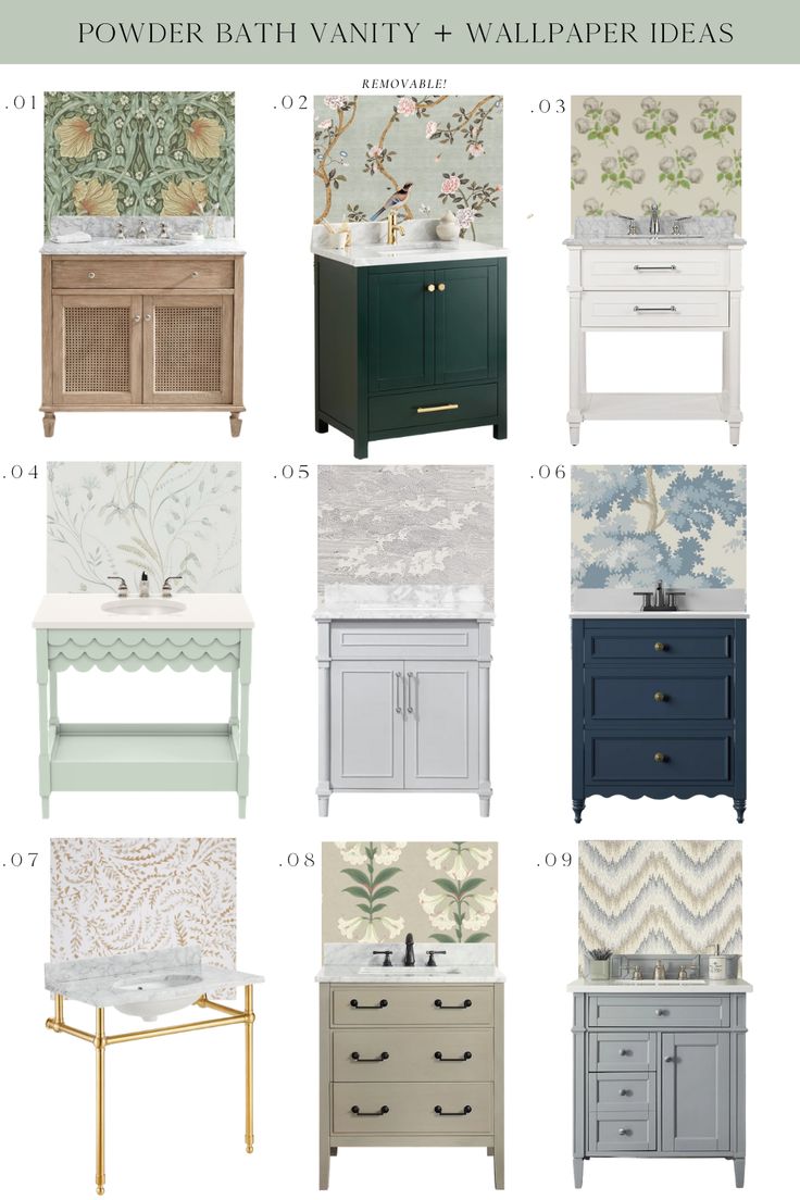 bathroom vanity and wallpaper ideas in various colors, sizes and finishes with text overlay that says powder bath vanity and wallpaper ideas