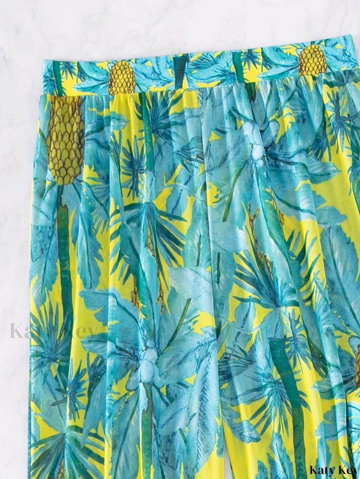 Katykey - Tropical Fruit Print 3-Piece Set: Stretchy Swimsuits, Criss Cross Tie Back Bandeau Bikini, and Stylish Cover Up Pants – Womens Swimwear & Clothing Tropical Green Vacation Sets, Yellow Sleeveless Beach Sets, Beachwear Printed Sleeveless Sets, Beachwear Sleeveless Printed Sets, Sleeveless Printed Beachwear Sets, Yellow Beachwear Sets For Summer, Green Tropical Beach Sets, Tropical Green Beach Sets, Sleeveless Printed Sets For Beach Season