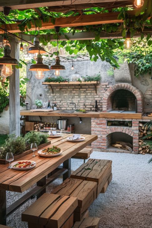 an outdoor dining area with wooden tables and benches under a pergolated roof, surrounded by greenery