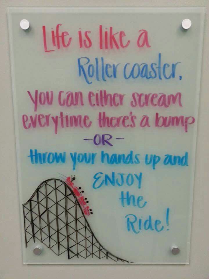 a sign that is on the side of a wall saying life is like a roller coaster, you can either scream or throw your hands up and enjoy the ride