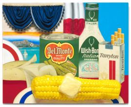 corn on the cob, butter, and other condiments are displayed in front of an american flag