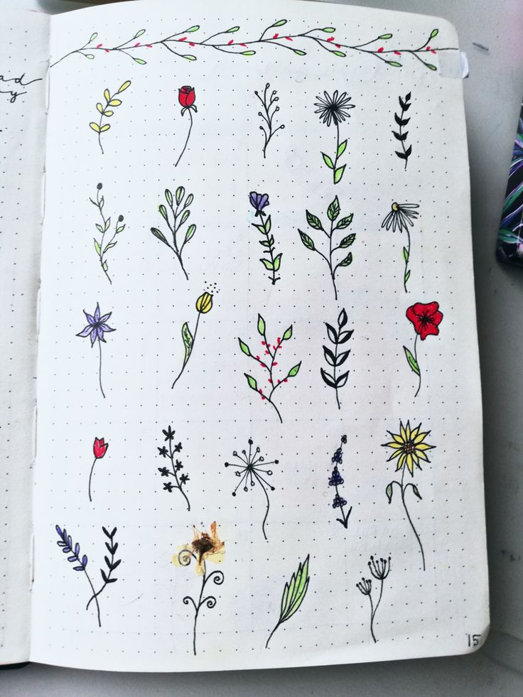 an open notebook with flowers drawn on it