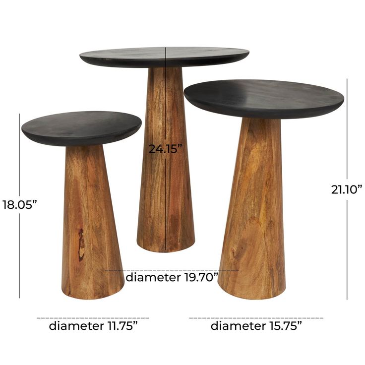 three wooden stools with black leather tops are shown in the measurements for each table