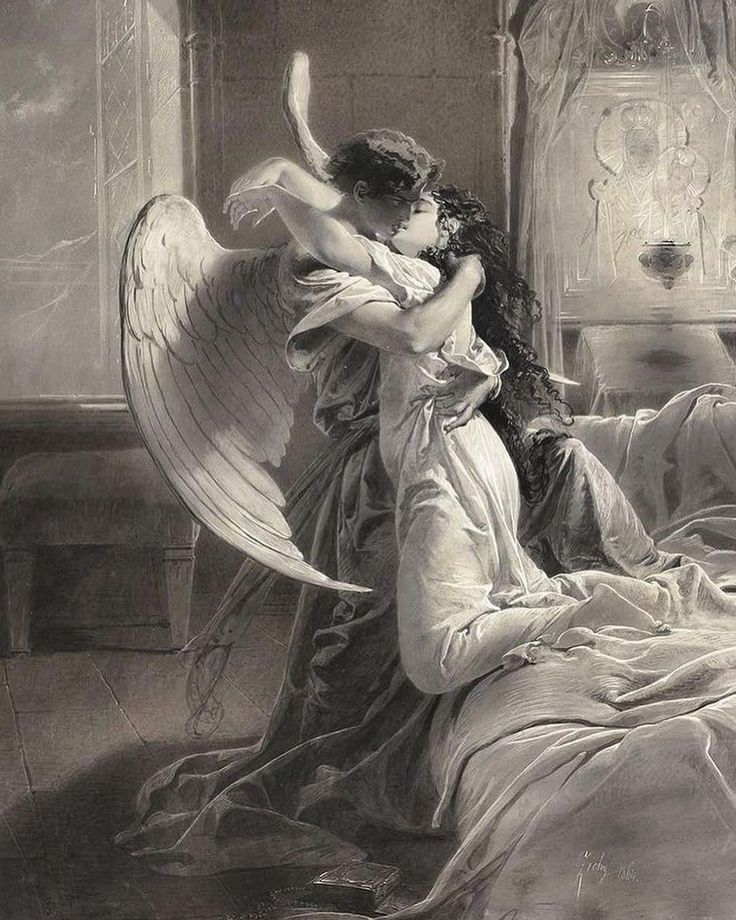 an angel is hugging a woman on the bed