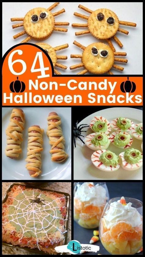 there are pictures of different halloween snacks and desserts on this page with the title, 64 non - candy halloween snacks