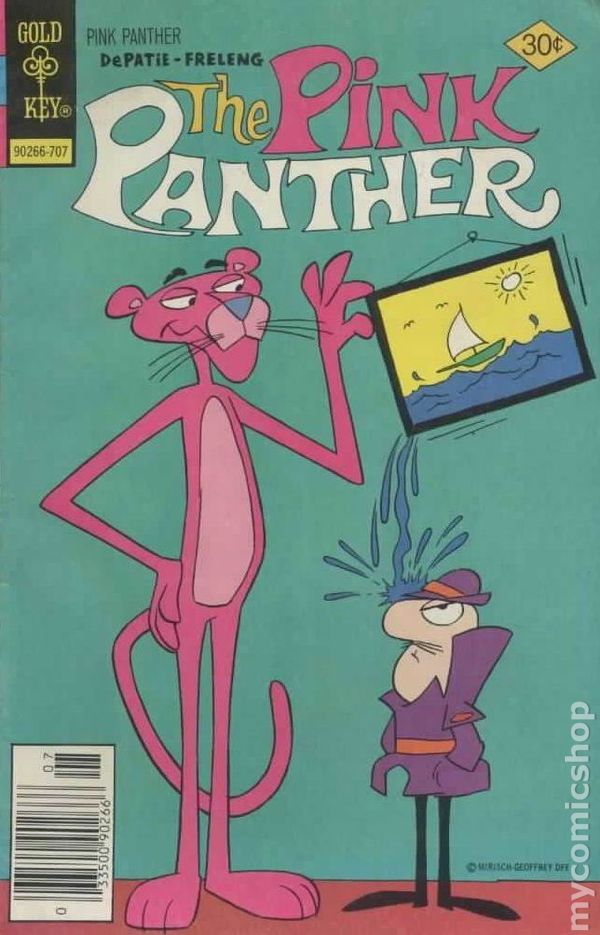 the pink panther comic book cover with an image of a man looking at another cartoon character