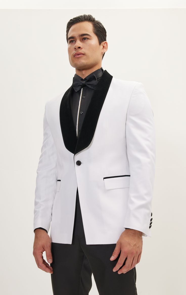 DETAILS Presenting the white Satin Shawl Lapel Tuxedo – a timeless masterpiece that seamlessly blends sophistication and style. This tuxedo features a sleek shawl lapel, a single-button closure, and two front pockets for a classic yet refined look. The luxurious satin material not only adds a subtle sheen to the jacket but also elevates its overall elegance. The single-button closure, a classic design element, provides a touch of simplicity and sophistication. With three interior pockets, this t Classic White Evening Suit, Luxury White Suit For Evening, Fitted White Suit For Evening, Luxury White Evening Suit, Black Tie Tuxedo Outerwear, Elegant Tailored Outerwear For Black Tie Event, White Tuxedo Suit With Hidden Button Closure, White Long Sleeve Tuxedo For Party, White Single Breasted Suit With Suit Collar