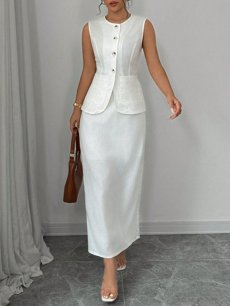 2pcs Women's Plain Simplle Sleeveless Top And Skirt Set For Daily Wear White Elegant    Plain  Non-Stretch  Women Clothing, size features are:Bust: ,Length: ,Sleeve Length: Two Piece Skirt And Top, Classy Blouses, 2 Piece Skirt Set, Top And Skirt Set, Skirt And Top Set, Top Skirt Set, Top And Skirt, Western Dresses, Linen Clothes