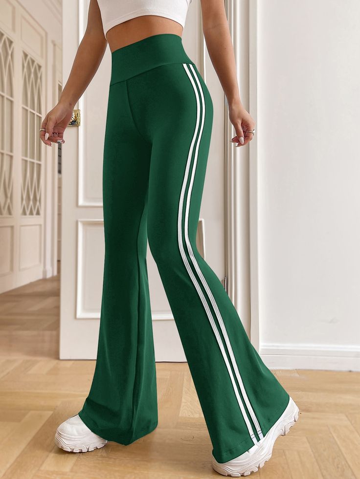 Striped Tape Side Flare Leg Pants Dark Green Casual   Knitted Fabric Striped Flare Leg Slight Stretch  Women Clothing, size features are:Bust: ,Length: ,Sleeve Length: Side Stripe Trousers, Collegiate Style, Khaki Fashion, Flare Leg Pants, Green Pants, Casual Stripes, Casual Girl, Girls Clothing