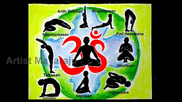 an artistic painting with various yoga poses and names in the shape of a circle on a black background