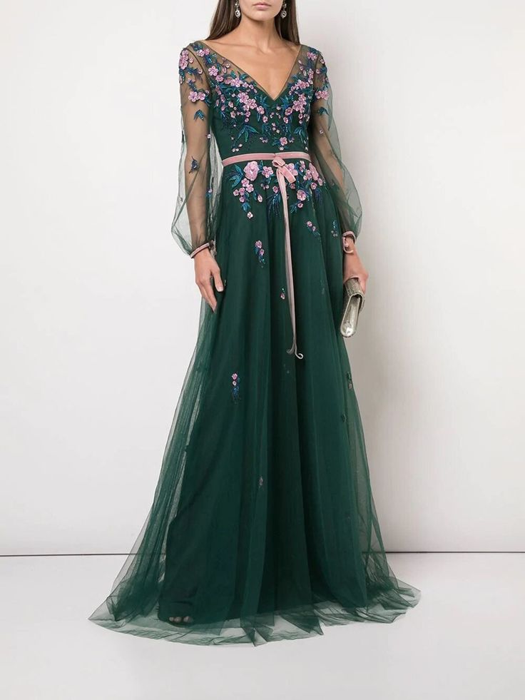 Bishop Sleeve Beaded Gown – Marchesa Tulle Long Dress, Gown Skirt, Sleeve Gown, Designer Evening Gowns, Atelier Versace, Naeem Khan, Beaded Gown, Dressy Dresses, Bishop Sleeve