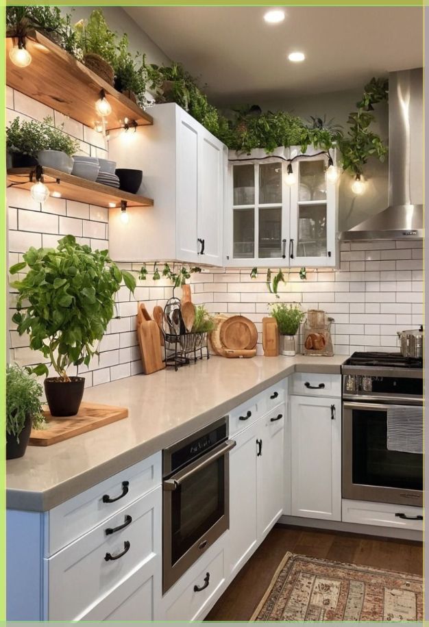 a kitchen with white cabinets and green plants on the wall above the stove top oven