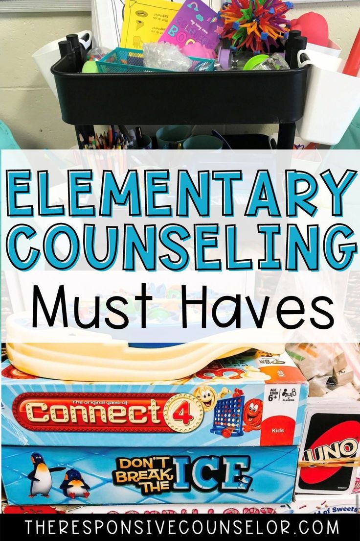 an elementary school desk with books and toys on it, the title reads elementary counseling must have