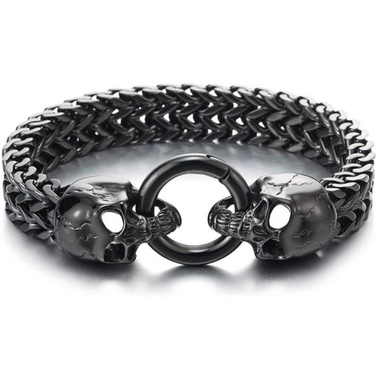 Gothic Mens Stainless Steel Skull Franco Link Curb Chain Bracelet With Spring Ring Clasp 8.5 Inches Stainless Steel Finishing: Polished Chain Length: 21.5cm(8.46"); Chain Width:1.2cm(0.47") Weight: 73.7g Black Skull Bracelets For Streetwear, Black Metal Jewelry For Biker Events, Black Stainless Steel Skull Jewelry, Black Skull Stainless Steel Jewelry, Edgy Black Jewelry For Biker Events, Black Gothic Bracelets For Biker Events, Cross Pendant Necklace Woman, Bird Ideas, Biker Bracelet