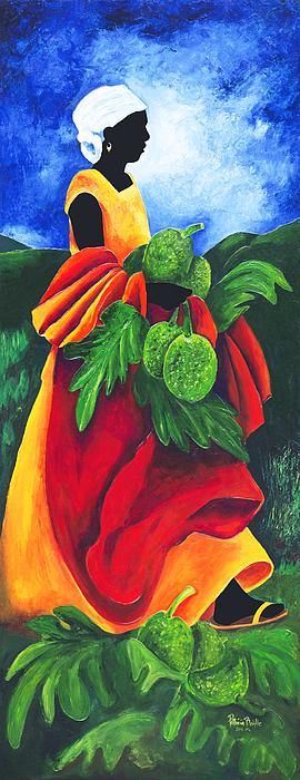 a painting of a woman carrying vegetables on her back with a sky in the background