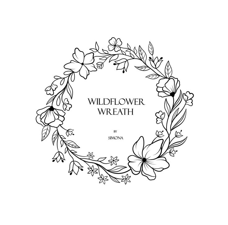 the wildflower wreath logo is shown in black and white, with flowers around it