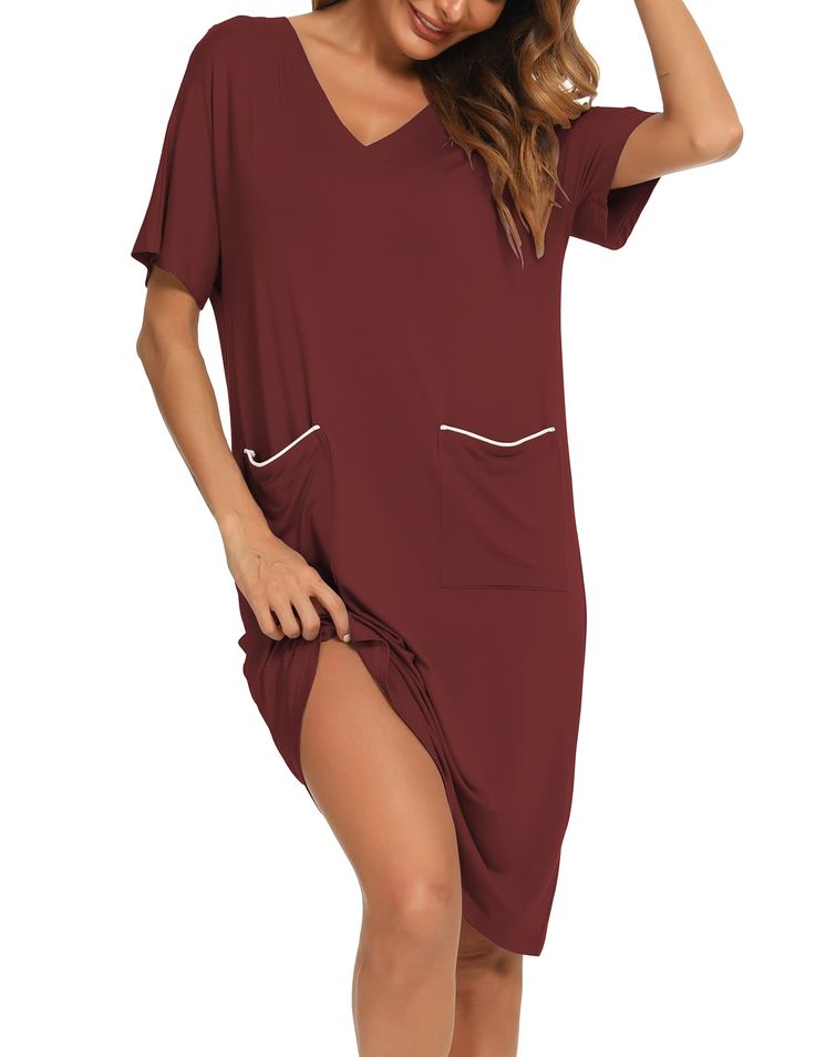 PRICES MAY VARY. Material: Made of 95% Viscose, 5% Spandex. Soft cozy, lightweight and flexible. Suitable for a relaxed home life Features: Loose and comfy v-neck short sleeve, high stretch satin trim pockets. This pajama dress is not only breathable, but also soft and silky. Perfect for day relaxing, lounging sleep or home bedroom. Style:Classic mid-length design, perfect to keep cool. Decorated with two forged edge pockets, simple yet elegant. The well-made high-quality nightgowns are suitable Stretch V-neck Sleepwear, Summer Short Sleeve Sleepwear For Overnight, Relaxed Fit Nightgown For Summer Nights, Relaxed Fit Nightgown For Summer, Summer Nightgown With Relaxed Fit For Overnight, Summer Nightgown With Relaxed Fit, Relaxed Fit V-neck Sleepwear, Solid Color Summer Nightgown For Relaxation, Summer V-neck Stretch Nightgown