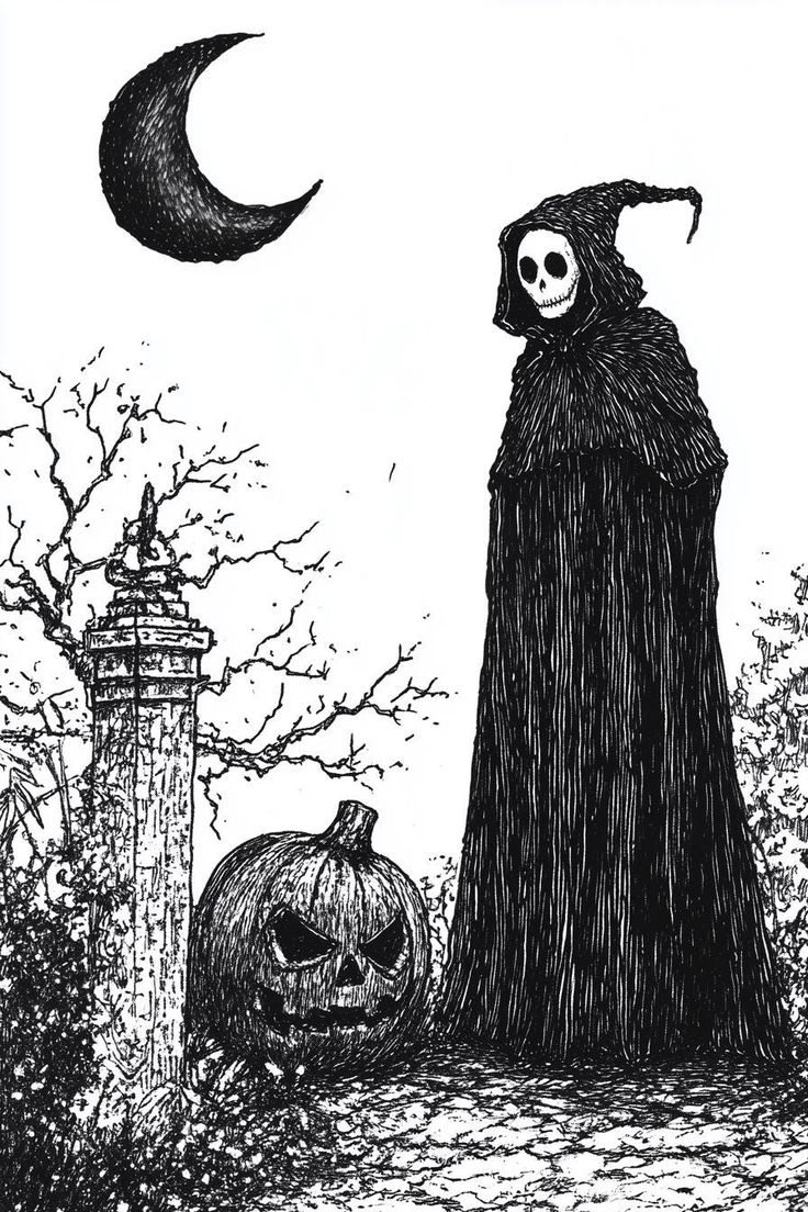 a black and white drawing of a ghost next to a jack - o'- lantern