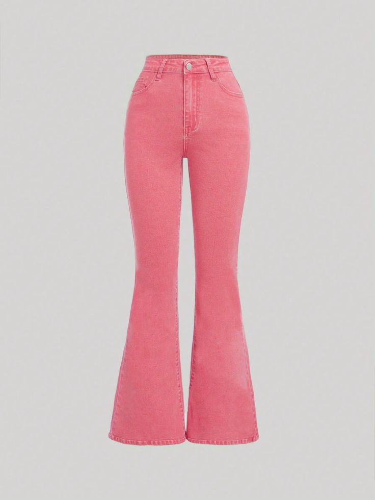 Teen Girl High Waist Flare Leg Jeans Watermelon Pink    Denim Plain Flare Leg Slight Stretch  Teen Girls Clothing, size features are:Bust: ,Length: ,Sleeve Length: Big Hair Bands, Birthday Items, Clothes Rail, Pink Collar, Flare Leg Jeans, Girls High, Girls Denim, Pink Outfits