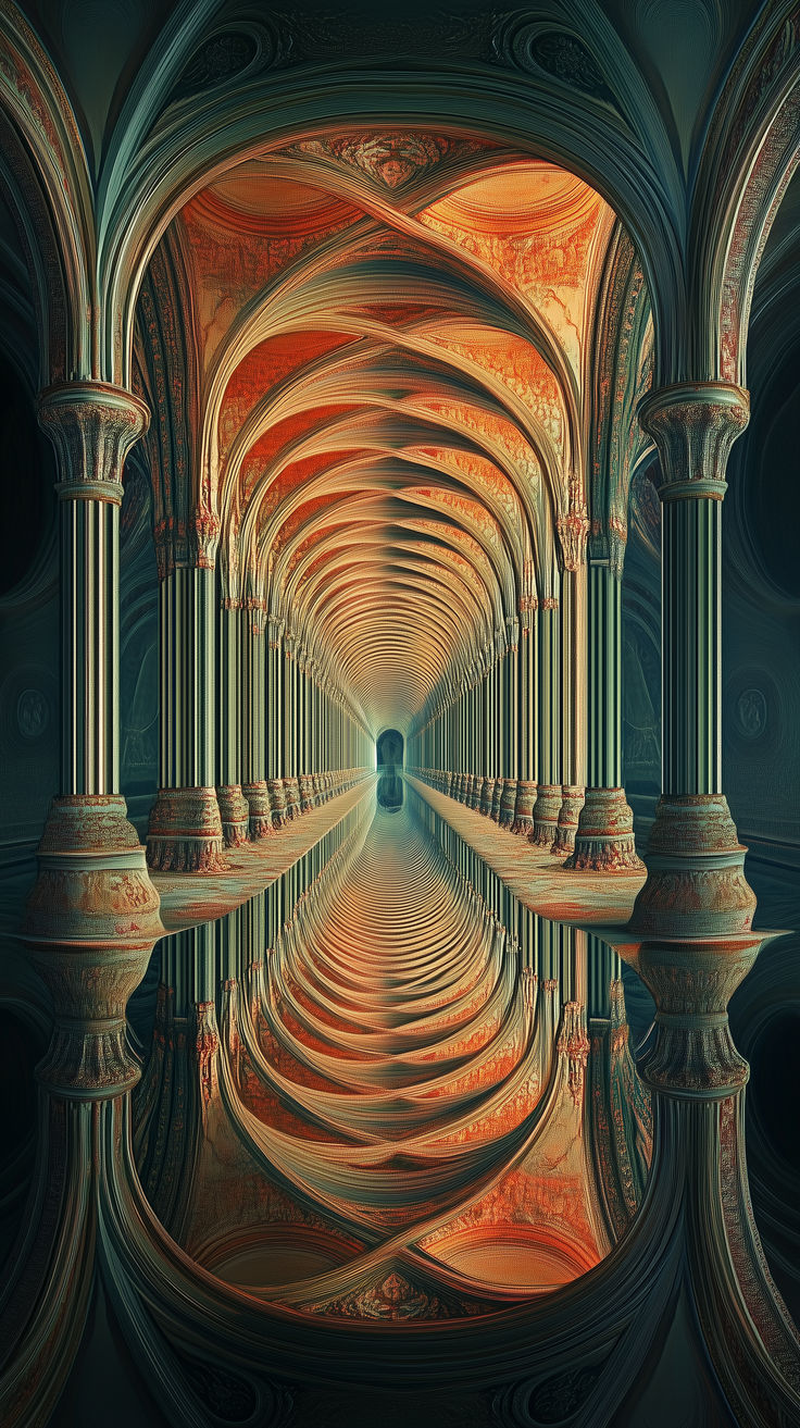 an image of a tunnel with columns and arches in the center, reflecting light on the floor