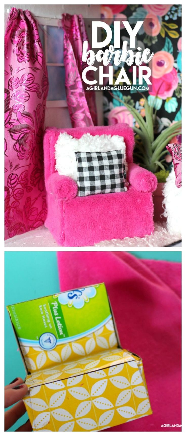 a pink chair sitting on top of a table next to a box with tissue in it