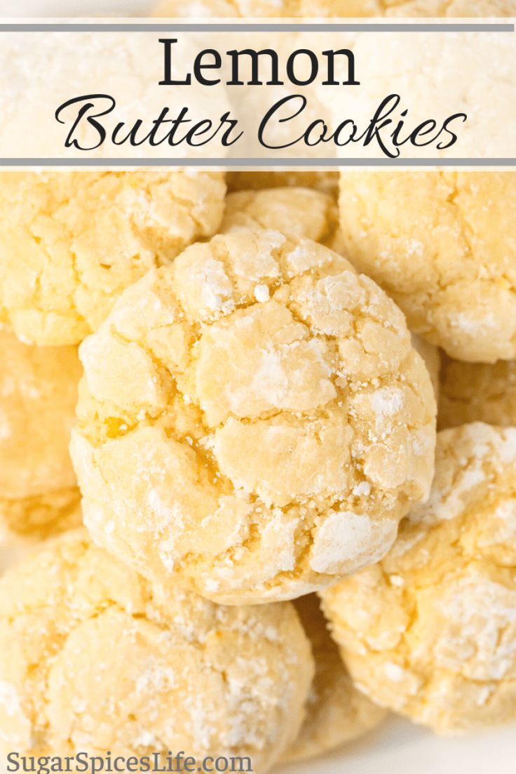 lemon butter cookies stacked on top of each other with the words, lemon butter cookies