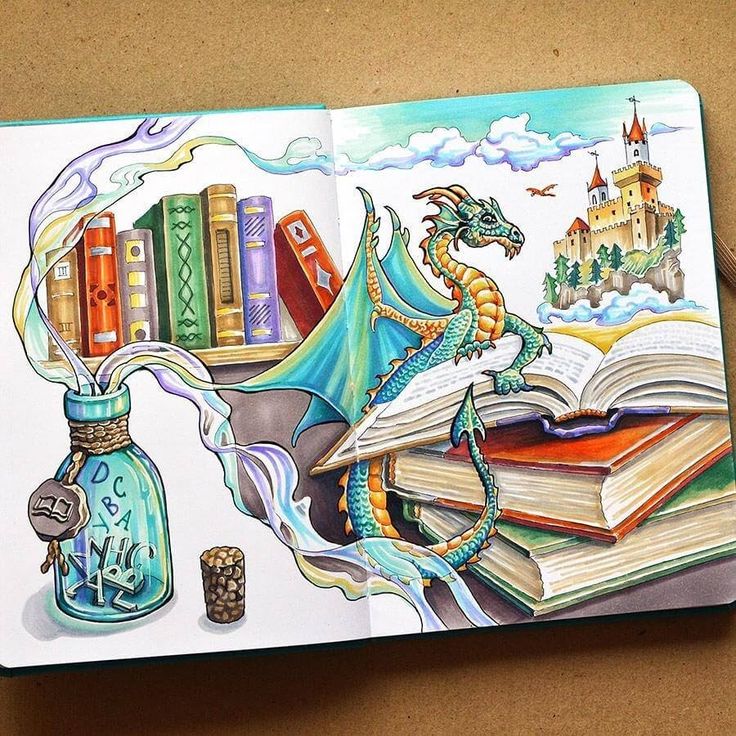 an open book with a dragon sitting on top of it next to a jar filled with books