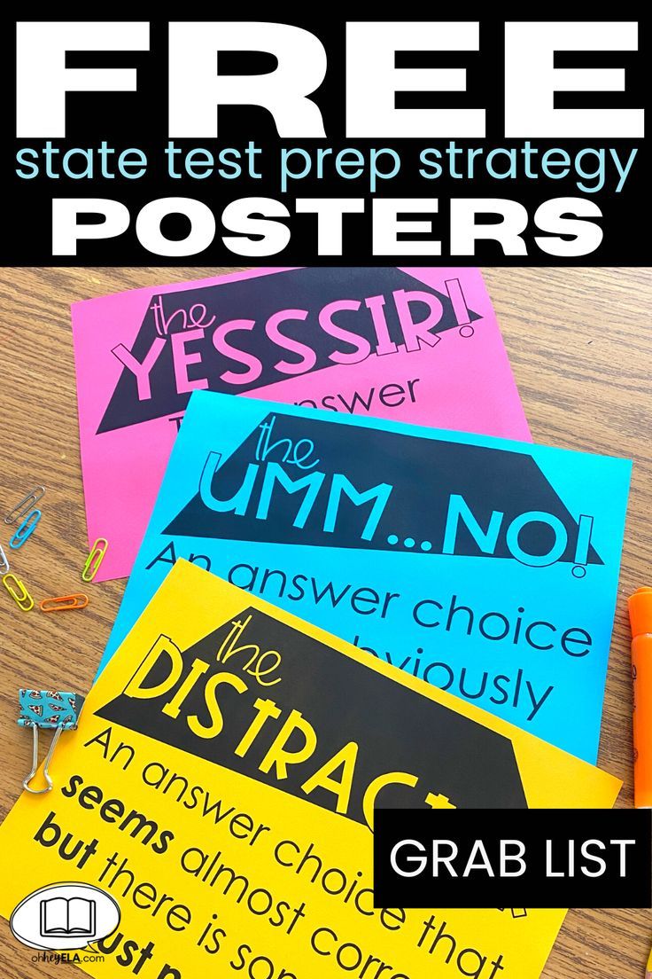 three posters with the text free state test prep strategy posters