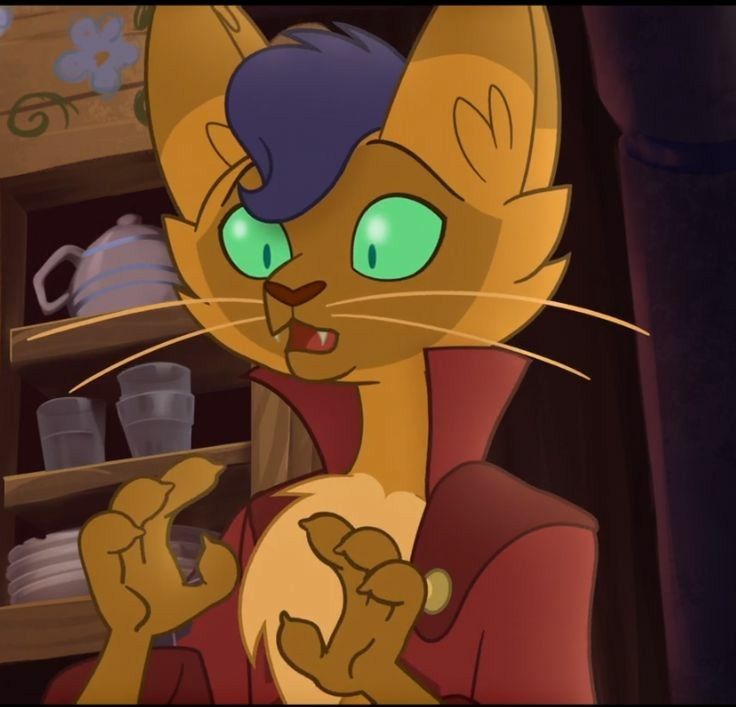 a cartoon cat with green eyes standing in front of a shelf filled with dishes and glasses