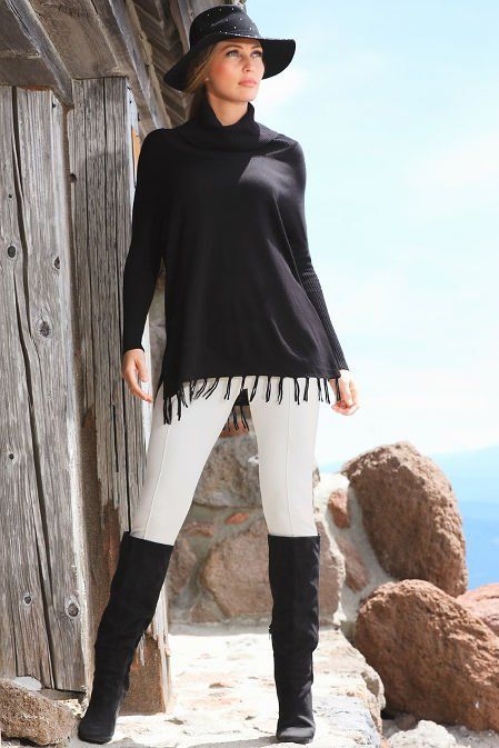 Fringe Cowl Turtleneck Poncho Sweater | A cozy cowl turtleneck tops this basic poncho sweater with drop shoulders on long sleeves and a split fringe hem. Split Fringe, Fall Sweaters For Women, Turtleneck Poncho, Belted Sweater, Perfect Fall Outfit, Tie Waist Top, Ruffle Jacket, Basic Sweaters, Knee Skirts