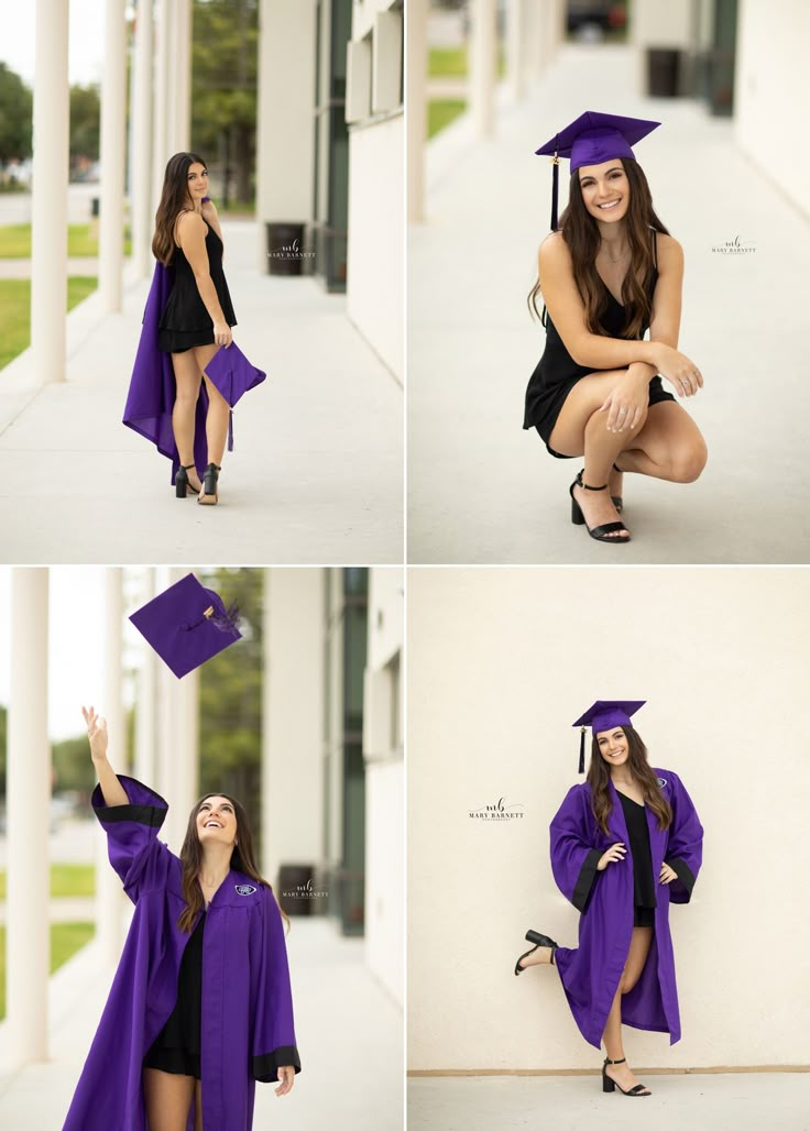 four photos of a woman in graduation gown and cap posing for the camera with her hand up