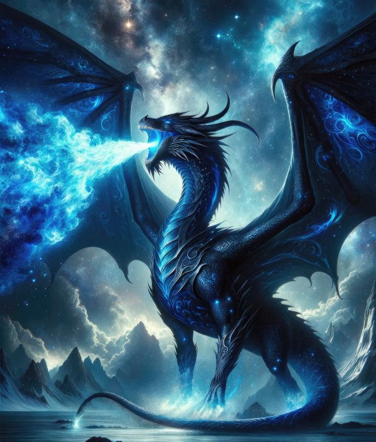 a blue dragon flying through the sky with clouds and stars in the background at night