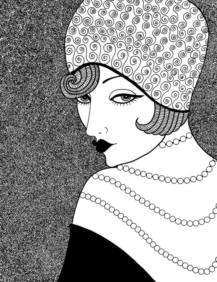 a black and white drawing of a woman wearing a hat with pearls on her head