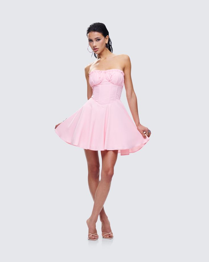 Add a sprinkle of delight into your day in this pink mini dress 💕 Made from cotton plain-weave fabric and complete with a fitted corset bodice and ruffles - this fit and flare style is perfect for the days you feel a little extra sweet 😊 Fitted Pink Corset Dress For Summer, Flirty Pink Corset Dress For Summer, Coquette Style Summer Mini Dress With Boned Bodice, Pink Mini Length Boned Bodice Corset Dress, Pink Mini Length Corset Dress With Boned Bodice, Pink Mini-length Chic Corset Dress, Pink Mini Corset Dress With Boned Bodice, Chic Pink Mini Corset Dress, Summer Coquette Mini Dress With Boned Bodice