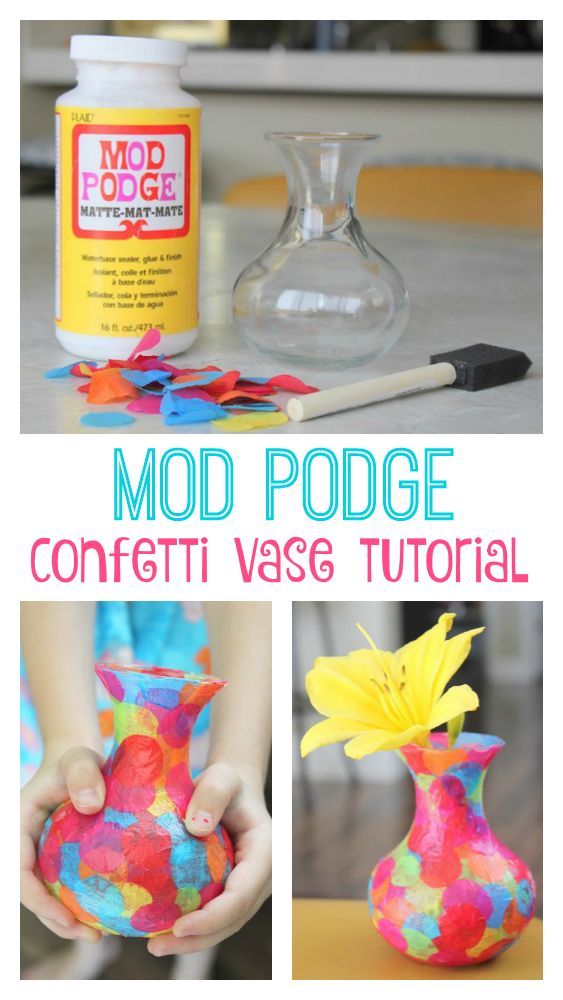 the process to make a colorful vase with mod podge