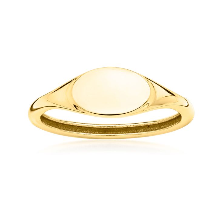 Ross-Simons - Single-Initial - Italian 14kt Yellow Gold Signet Ring Size 7. Here's a classic style that every collection calls for! Our stylish signet ring shines in polished 14kt yellow gold and can be engraved for FREE with a single initial in your choice of block or script type. Treat yourself to this timeless luxury or present it to someone special as a memorable gift they'll treasure. 1/4" wide. Made in Italy. 14kt yellow gold personalized signet ring. Classic Rings With Shiny Round Band, Classic Rings With Shiny Finish And Round Band, Classic Engraved Ring With Polished Edges, Classic Jewelry With Polished Edges For Anniversary, Classic White Gold Rings With Shiny Finish, Classic Jewelry With Shiny Finish For Anniversary, Classic White Gold Rings, Classic 14k Gold Jewelry With Shiny Finish, Yellow Gold Sterling Silver Rings With Shiny Finish