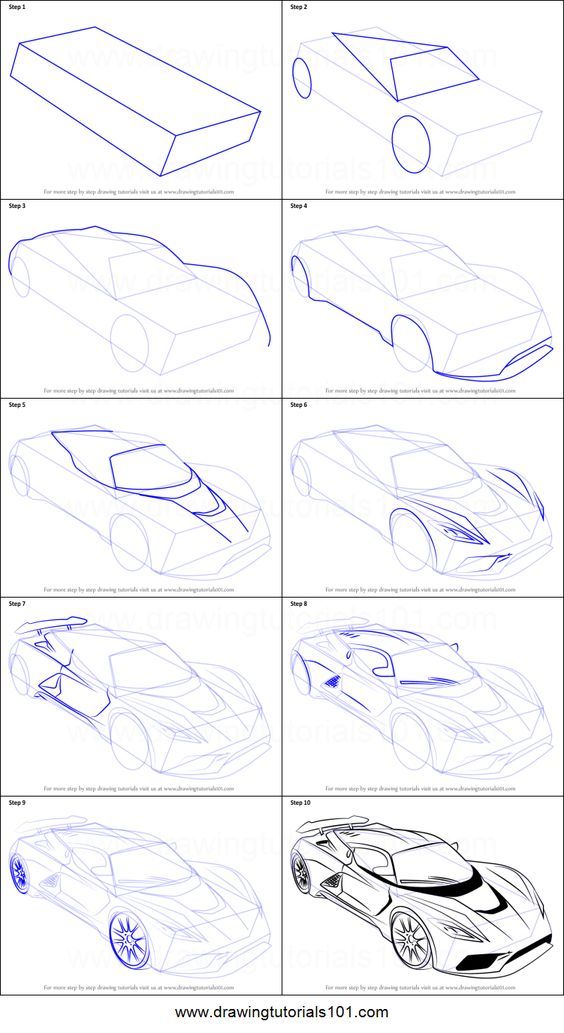 how to draw a sports car from the front and back view, step by step